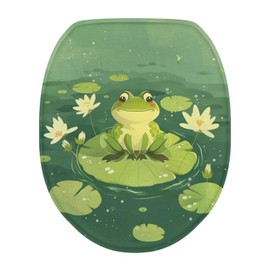 Luarisgur Green Toilet Lid Covers for Bathroom Round Cute Frog Toilet Seat Lid Cover Elongated Size Machine Washable Toilet Protector Cover Fits Most Toilet Lids