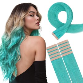 HOTBANANA Tape in Hair Extensions, 16 Inch 10pcs 25g Teal Green Tape in Real Remy Human Hair Extensions Straight Colored