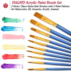 DUGATO Paint Brushes Palettes Set, 2 Packs/20pcs Round Pointed Tip Nylon Hair Brushes with 5 Paint Trays for Acrylic Watercolor Oil Gouache Tempera and Body Painting
