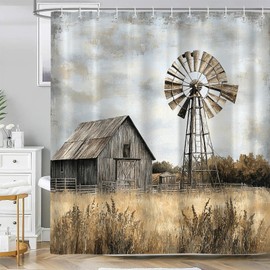 Sokdcam - Cortina de ducha rústica con molino de viento, juego de cortinas de baño de granja occidental, tela de poliéster impermeable con 12 ganchos, 60 x 72 pulgadas