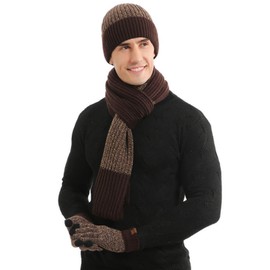 GFM® Men's Winter Warm Three-Piece Knitted Hat Scarf Glove Set -Coffee-(EXC)(TPS-Y01-CFKEK)