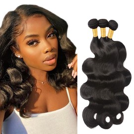 Zeslaerr Body Wave Human Hair Bundles 100% Unprocessed Glueless Hair Bundles Double Weft Weave Bundles Human Hair Extension #1b Natural Black Color 3 Bundles Total 300g 14 14 14 Inch