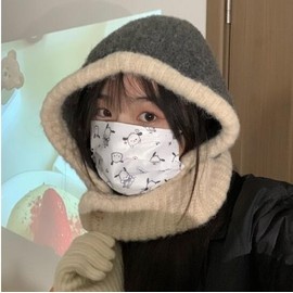Women's Winter Knit Balaclava Hooded Neck Warmer Hat lf1010 Free Size/Dark Gray+Beige 5ea
