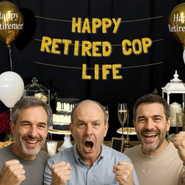 Meowoo Cheerful Retired Cop Decoration, 7.7 Inch Bold Letters and Durable Glitter Design, Happy Retired Cop Life Banner for Party Fun, Easy-To-Assemble Gold Deco Supplies