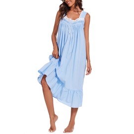 AVIIER 100% Cotton Nightgowns for Women Sleeveless Sleep Dress Ladies Gowns Sleepwear with Pockets (Blue, Large)