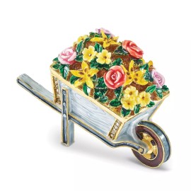 Luxury Giftware by Jere Bejeweled BLOSSOMS Flowers in Wheelbarrow Trinket Box Matching 18 inch Necklace