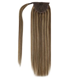 Sunny Pony Tails Hair Extensions Highlights Soft Real Human Hair Ponytail Extension Dark Brown Highlighted Caramel Blonde Straight Ponytail Extension Human Hair 20inch 80G