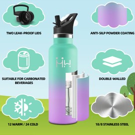 HoneyHolly Stainless Steel Water Bottle, 500 ml, BPA-Free, Children's Drinking Bottle, Leak-Proof Insulated Flask, Double-Walled, Stainless Steel Water Bottle, with Straw, Thermos Flask, Suitable for