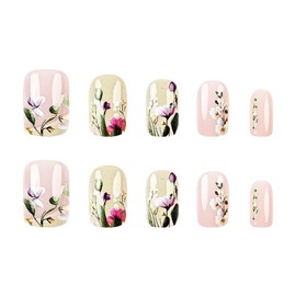 RUOKEXIN Square Press on Nails Medium Fake Nails Spring False Nails with Flower Designs Full Cover Glue on Nails Glossy Artificial Nails Cute Stick on Nails for Women 24Pcs