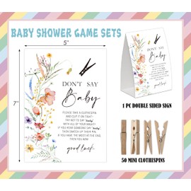 Boho Wildflower Don't Say Baby Game for Baby Shower, Pack of One 5x7 Sign and 50 Mini Natural Clothespins, Boho Baby Shower Decoration, Gender Neutral Party Supplies - SC10