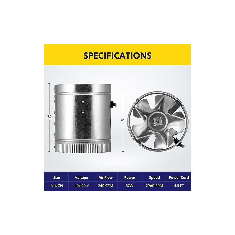 iPower 6 Inch Inline Booster Duct Fan with Speed Controller,