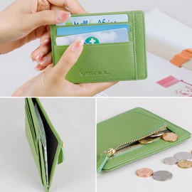 VISOUL KB10 Women's Small Genuine Leather Credit Card Holder RFID Protection Minimalist Card Holder Cases Wallet Front Pocket Purse Mini Credit Card Case with Coin Compartment, Green, Minimalist