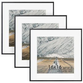FLYJOE 16x16 Metal Square Picture Frame For Wall With Mat For 12x12, 16''x16'' Aluminum Photo Frames With Tempered Glass, Minimalist Modern Poster Frame Horizontally Vertically Set of 3, Black