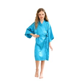 CuteOn Kids Girl's Satin Silky Kimono Robe for Spa Wedding Birthday Party Gifts Peacock blue Size 9-11 Years