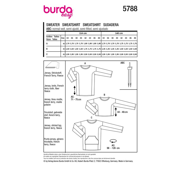 Burda Easy Sewing Pattern Women's Sweater in Various Lengths Sizes