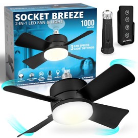 Bell+Howell Socket Breeze Socket Fan Light with Remote, Portable Small Ceiling Fans with Lights for Bedroom, Kitchen, Living Room, Ceiling Fan with Light 3500K, 1000 Lumens, Screws into E26/E27