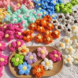50 PCS Flower Sew/Iron On Patches Crochet Floral Flowers Handmade Beautiful Crochet Flowers Petals Crocheted Flowers for DIY Hair Clothes Party Decor Craft 1.6 Inch