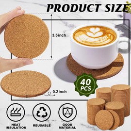 Cork Coasters Bulk for Drinks, 40Pcs Reusable Round Edge Coasters, 3.5 Inches Thick Absorbent Heat Resistant Drink Coaster for Bar Holiday Wedding Birthday Supplies Party Decor