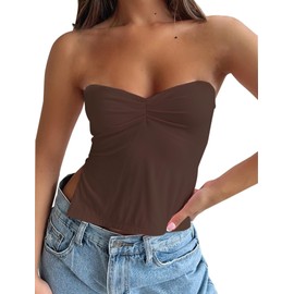KIGRAD Women’s Y2K Pleated Bustier Strapless Sweetheart Bandeau Tube Crop Tank Summer Sleeveless Slit Going Out Crop Top Chocolate