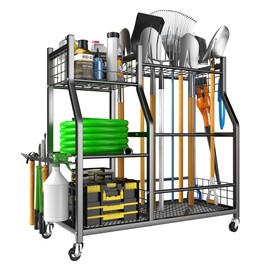 EVERHANGER Garden Tool Organizer Stand, Garage Tool Storage Organization, Yard Tool Racks with lockable wheels, Fit for Long-Handled Tools/Rakes/Brooms