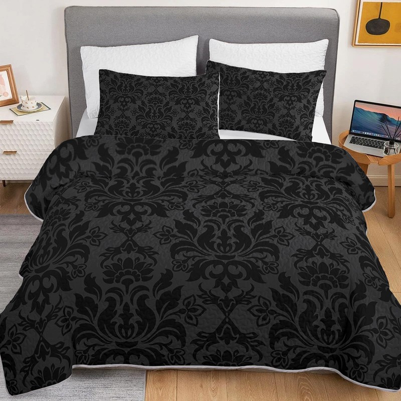 Axolotl Black Damask Quilt Set King Size,Dark Gothic Bedspread Coverlet