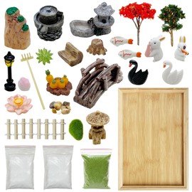 Cayway Mini Zen Sand Garden Kit, Mini Zen Garden Kit, Patio Sandbox Decorations Zen Decor Kit with White Sand, Model Trees, Mini Fences Chairs for Home Office Desktop Decor