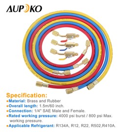 Aupoko AC Refrigerant Charging Hose with Ball Valve, 3-Color 60" R410A HVAC Hoses Kit with 1/4’’ SAE Thread, with Valve Core Remover Kit for R410A R134A R12 R22 R502 R404 Air Condition Maintenance