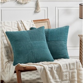 Fancy Homi 2 Packs Teal Euro Decorative Throw Pillow Covers 26x26 Inch for Living Room Couch Bed, Rustic Farmhouse Boho Home Decor, Soft Corss Corduroy Patchwork Textured Square Cushion Case 66x66 cm