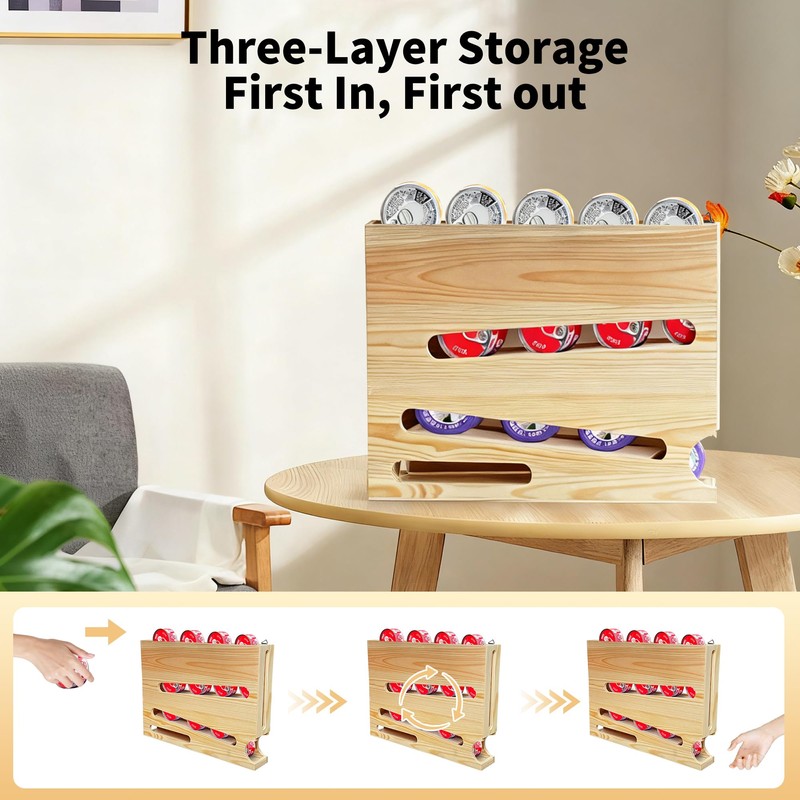 Wood Cat Food Can Organizer, 3-Tier Stackable FIFO Pantry Organizer,