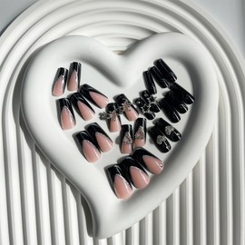 French tip Press on Nails Medium Square Fake Nails Black False Nails with Rhinestone Design Silver Star Heart Charms Glue on Nails Acrylic Nails Press Ons,for Women Girls Manicure 24pcs
