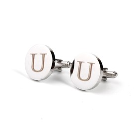Mens Initial Silver Cufflinks A-Z Alphabet Letter Steel Cuff Links with Engraved Walnut Wood Box Groom Groomsman Wedding Set (U)