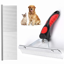 Rastrillo de aseo para perros de pelo largo, rastrillo de dientes largos + peine de acero inoxidable para perros, juego de herramientas de deshedding para gatos Husky de pelo largo