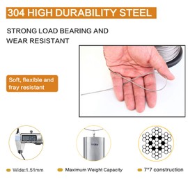 Picture Hanging Wire, Plastic-Coated Stainless Steel Wire with 50pcs Aluminum Crimping Loop Sleeve for Hanging Photo Frame Artwork Mirror Bird Feeder String Light Plant Climbing (1.5mm x 98Feet)