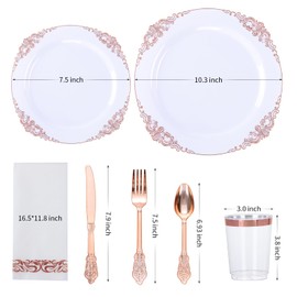 RFSLDUN 350PCS Rose Gold Plastic Dinner Plates, Disposable Rose Gold Lace Cutlery, Includes: 50 Dinner Plates, 50 Dessert Plates, 50 Napkins and Three Types of Rose Gold Silverware, 50 Cups