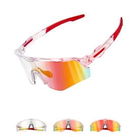 Winyoher Women's Cycling Glasses, Self-tinting, 3S Change, Photochromic Frame, Quick Glasses, Sports Sunglasses, Men, UV400 Running Glasses for Cycling, Beach Volleyball - Red
