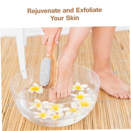 Mikinona 2pcs Double-sided Callus Remover with Pumice Stone Bristle Natural Exfoliating Scrubber for Feet Comfortable Wooden Handle for Smooth Skin Care