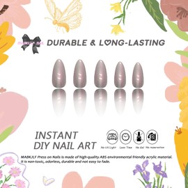 Press on Nails Medium Almond MABKJLF Fake Nails Pink Flash Full Cover Glue on Nails Glossy False Nails with Nail Glue Sick on Nails Acrylic Nails Manicure Artificial Nails for Women Girls 24Pcs