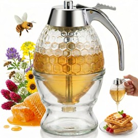 Glass Honey Dispenser No Drip with Stand, Glass Honey Jar, Honeycomb Pattern Syrup Dispenser, Maple Syrup Dispenser, Syrup Container for Kitchen Counter