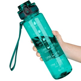 OLDLEY Water Bottles, 32oz Motivational Sports Water Bottle with Time Marker - Times to Drink - Tritan, BPA Free, Wide Mouth Leakproof, Deep Sea (1 Pack)