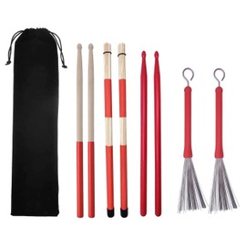 TUOREN Drum Sticks Set 1 Pair Classic Wood Drum Sticks 1 Pair Nylon Drum Sticks 1 Pair Retractable Drum Wire Brushes and 1 Pair Rods Drum Brushes Set for Cajon Rock Band Jazz Folk Drummer (Red)