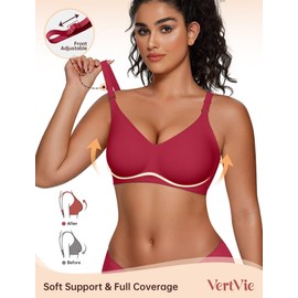 Vertvie Womens Wireless Bras No Underwire Push Up Bra Seamless Supportive Full Coverage Everyday Bras Regular and Plus Size(Burgundy,Large)