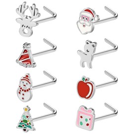 ZS 8Pcs 20G Stainless Steel Christmas Nose Screws Rings, Christmas Tree Snowflake Elk Nostril Jewelry Silver, Christmas Corkscrew Nostril Studs L Shape Nose Stud For Women (SetB,L-shape)