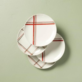 Hearth & Hand with Magnolia Pack of 4 Christmas Plaid Stripes Stoneware Appetizer Plates Cream/Red/Green 6.8"