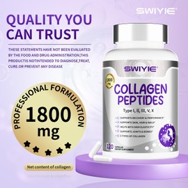 Swiyie Multi Collagen Peptides Capsules – 1800mg, 120 Count – Collagen for Women and Men with Types I, II, III, V & X – Hydrolyzed Colageno Hidrolizado
