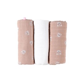 Noukie's - Pack of 3 Mix & Match Swaddles - Organic Muslin - Ecru/Pink - Cat Motifs