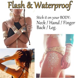 Tattoo, Waterproof, Metallic, Temporary Tattoo, 16 Sheets in Gold Silver Sticker Body Fake Jewellery, Tattoos Over 200 Designs for Women, Teenagers and Girls Body Art