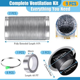 2 Pack 4 Inch 8FT Dryer Vent Hose Kit, 2 Pcs 4 Inch Soffit Vents and 4 Clamps, Flexible Dryer Ducting Tube Air Duct Aluminum Insulated Flex Hose Kit Ideal for Heating, Cooling, Ventilation