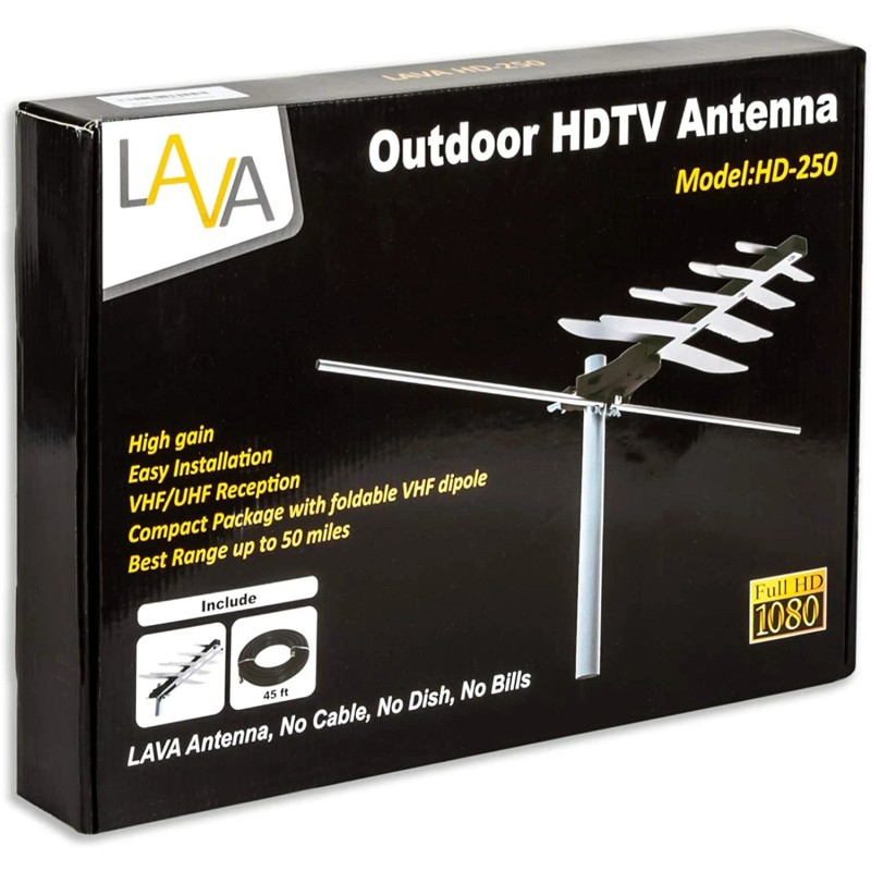 LAVA HD-250 Outdoor Antenna, 50 mile Amplified TV Antenna, Simplest