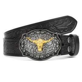 XZQTIVE Western Leather Belt for Men Women Floral Engraved Cowboy Buckle Belt Longhorn Bull Buckle Waist Belt, B-black