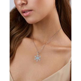 PYNYZ Snowflake Necklace 925 Sterling Silver Snowflake Created Aquamarine Birthstone Pendant Christmas Jewelry for Women